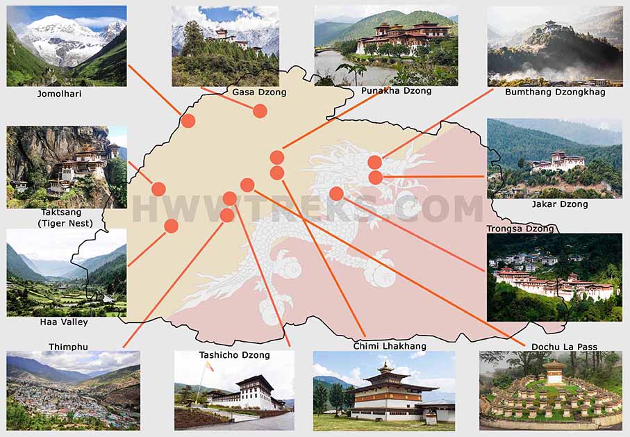 Bhutan Tourist sites Map