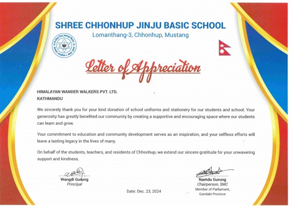 Appreciation Certificate from Shree Chhonhup Jinju Basic School