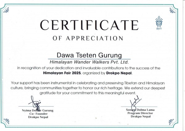 Appreciation Certificate from Drokpo Nepal
